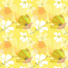 Fototapeta premium Pattern floral seamless in warm yellow modern coloring abstract background of white flowers