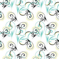 Beautiful retro pattern of black and blue curls on a white background