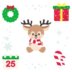 cartoon cute deer with scarf sitting and christmas elements vector