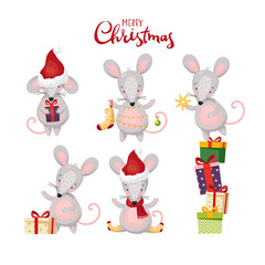 Obraz na płótnie Canvas Set of New Year characters. Christmas mouse, cute rat with gifts. Sticker, postcard, blank for congratulations. Flat cartoon vector.