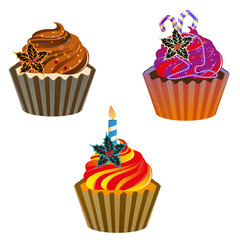 Set of beautiful tasty creamy New Year's cupcakes in the shape, vector. With christmas decorations