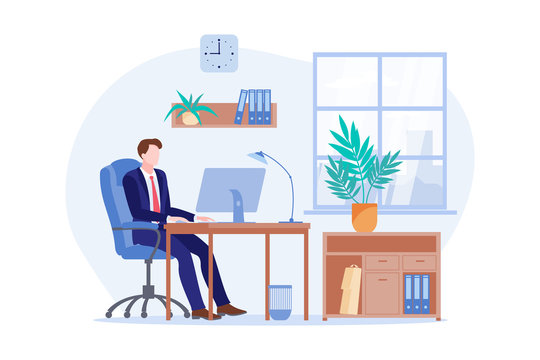 Working morning of a businessman. Vector flat cartoon illustration of office workplace. Business man works on computer
