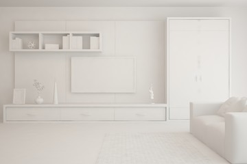 Mock up of stylish room in white color with grey furniture. Scandinavian interior design. 3D illustration