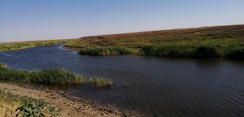 landscape with lake and blue sky