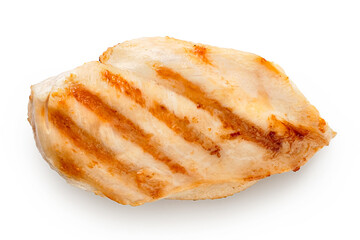 Whole grilled chicken breast with grill marks isolated on white. Top view.