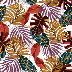 Original seamless tropical pattern with beautiful yellow and red plants and leaves on pink background.  Vector design. Jungle print. Floral background.  Beautiful seamless vector floral pattern.