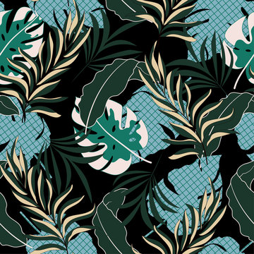 Trend seamless tropical pattern with beautiful green and blue plants and leaves on black background. Summer colorful hawaiian seamless pattern with tropical plants. Printing and textiles. © EltaMax99