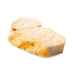 Single slice of grilled chicken breast with grill marks isolated on white.