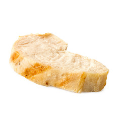 Single slice of grilled chicken breast with grill marks isolated on white.