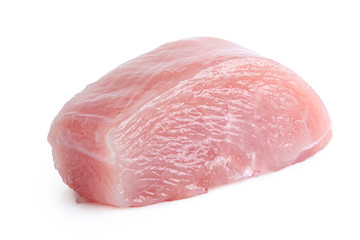 Single slice of uncooked boned chicken breast isolated on white.