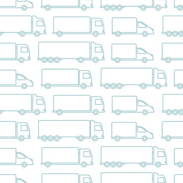 Delivery truck seamless pattern background. Cargo transportation cars. Shipping company. Outline contour blue line vector.