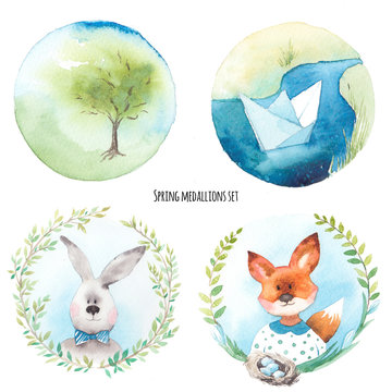 Vintage spring medallions set. Watercolor illustrations. Hand painted round images with cartoon animals inside floral wreath and landscapes. Cute rabbit and fox, paper boat, tree on white background.