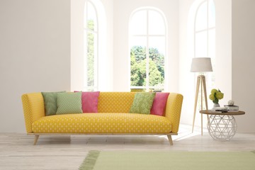 Stylish room in white color with yellow sofa. Scandinavian interior design. 3D illustration