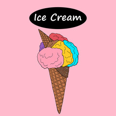 Waffle cone with multi-colored ice cream. Vector illustration, printable.