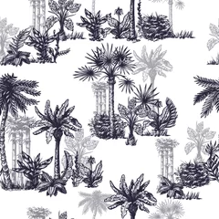 Keuken foto achterwand Bos Naadloos patroon met grafische tropische bomen zoals palm, banaan, monstera voor interieur. Vector