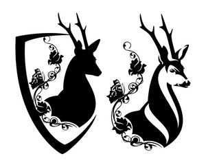 elegant wild deer with rose flowers and butterfly inside heraldic shield - black and white vector design set