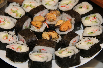 homemade rolls with crab sticks and mussels