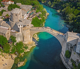 Aerial view on the medieval bridge of Mostar