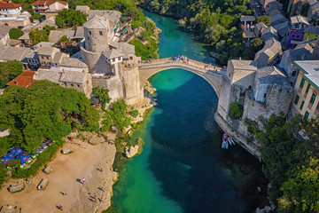 Aerial view on the medieval bridge of Mostar
