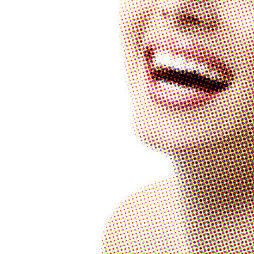 Illustration Of Beautiful Wide Smile Of Young Woman With Great Healthy White Teeth Isolated On White Background. Retro Typographic Stylization. Abstract Female Portrait Makes Of Colord Circles