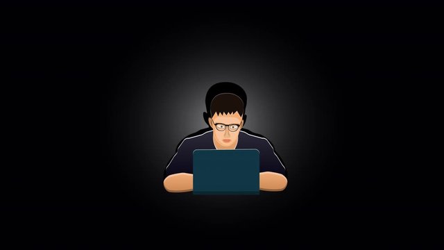 Animation programmer working at night at the computer. Hacker, video with alpha channel enabled. Cartoon