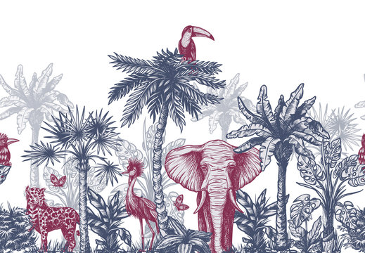 Seamless border with graphical tropical tree such as palm, banana and jungle animals. Vector.