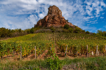 Fototapeta na wymiar Solutre Rock with vineyards, Burgundy, France