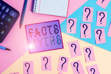 Handwriting text Facts Myths. Conceptual photo work based on imagination rather than on real life difference Mathematics stuff and writing equipment above pastel colours background