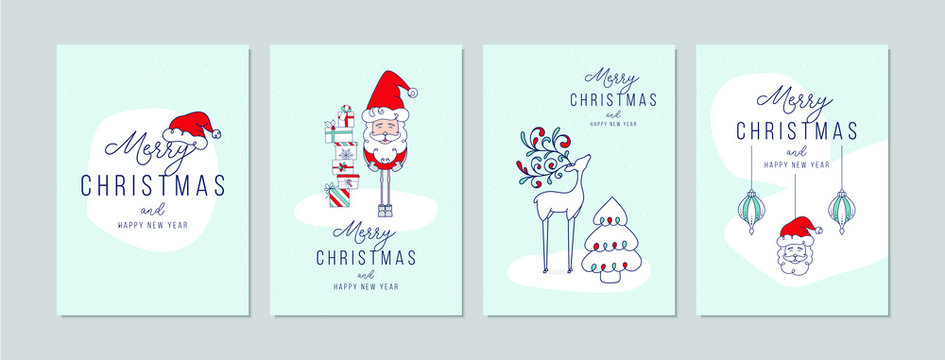 Merry Christmas cards set with hand drawn elements. Doodles and sketches vector Christmas illustrations, DIN A6.