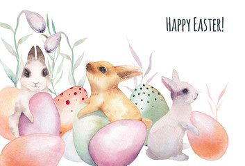 Watercolor Happy Easter card. Three hand painted rabbits and easter multicolored eggs with grass and plants isolated on white background. Vintage holiday design. Artistic spring illustration