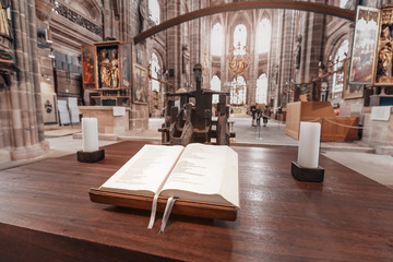Bible book in church interior