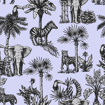 Seamless pattern with graphic tropical treees and jungle animals. Vector.