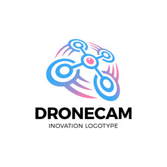 Drone quadrocopter vector logo. Drone with photo camera design template, emblem on white background.