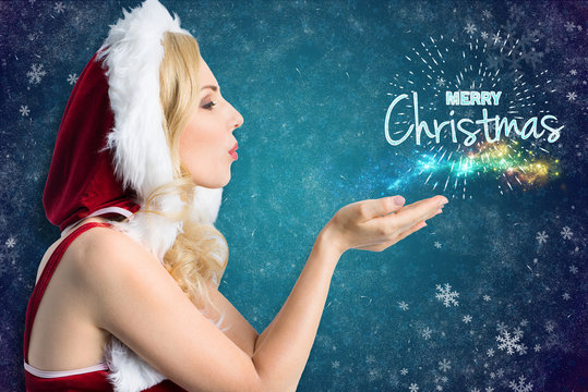 attractive blonde miss santa with "merry christmas" message
