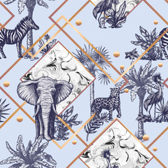 Seamless pattern with graphic tropical treees and jungle animals. Vector.