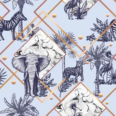 Foto op Plexiglas Olifant Naadloze patroon met grafische tropische treees en jungle dieren. Vector.