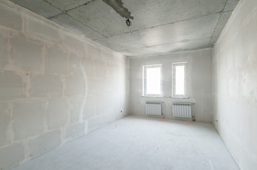 Russia, Moscow- May 21, 2019: interior room apartment. standard repair decoration. rough repair for self-finishing. finishing stage of construction