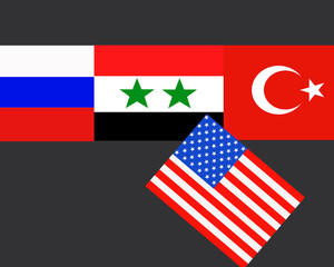 Conflict in Syria as a result of the United States pullout represented by the flags of the competing nations.
