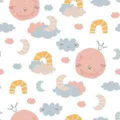 Seamless pattern with rainbow, clouds, moon in the crown. Background in hand drawn style for poster, fabric, wallpaper, textile, wrapping paper. Vector illustration