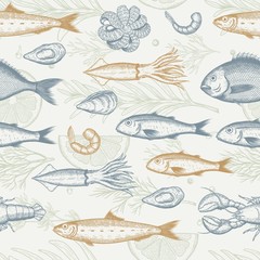 Seafood restaurant seamless pattern. Fish, seashell, leaf, shrimp. Engraved vintage sea set. Vector illustration