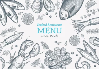 Foto op Aluminium Vector frame with hand drawn seafood illustration - fresh fish, lobster, crab, oyster, mussel, squid and spice. Decorative card or flyer design with sea food sketch. Vintage menu template. © staskhom