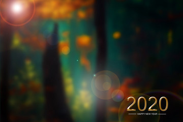 Happy new year on green and yellow bokeh background