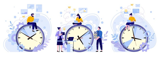 Efficiency work time. Man, woman and workers teamwork hours. Freelance workers, productivity clocks and people working on laptop vector illustrations set. Workflow scheduling, time management - obrazy, fototapety, plakaty