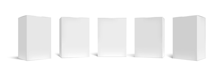 Fototapeta Realistic box mock up. Rectangular packaging boxes, white cardboard and blank vertical pack 3D vector template set. Closed square packing, paper containers, shipping cases cliparts collection obraz