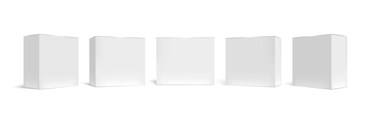 Realistic packaging box. White cardboard boxes mockup, medical case and horizontal rectangular pack 3D vector template set. Closed square packing. Blank paper containers isolated on white backdrop