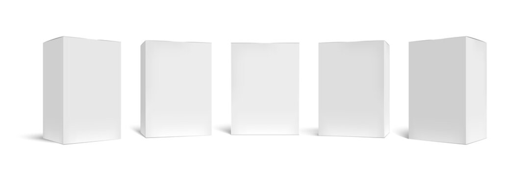 Realistic box mock up. Rectangular packaging boxes, white cardboard and blank vertical pack 3D vector template set. Closed square packing, paper containers, shipping cases cliparts collection