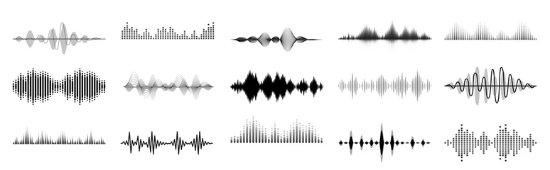 Foto op Plexiglas Zwarte geluidsgolven. Abstracte muziekgolf, radiosignaalfrequentie en digitale stemvisualisatie. Tune equalizer vector set. Monochroom volume audiolijnen, geluidsgolven ritme geïsoleerd op een witte achtergrond © WinWin