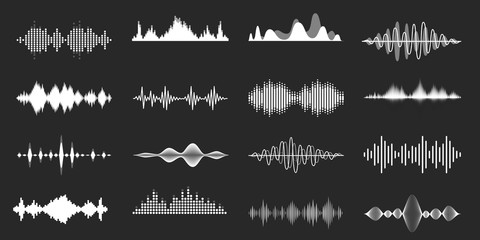 Sound waves. Playing song visualisation, radio frequency lines and sounds amplitudes. Abstract music wave, stereo equalizer and volume levels vector set. Monocolor audio soundtrack, musical vibrations - obrazy, fototapety, plakaty