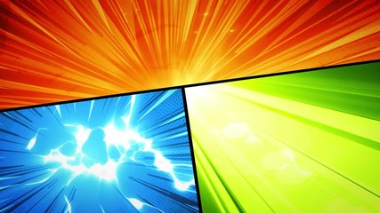 Comic Book Action Layout Background With Power Fx/ 4k animation of a powerful comics like page layout background with halftone dots and dynamic action speed sunbeams effects