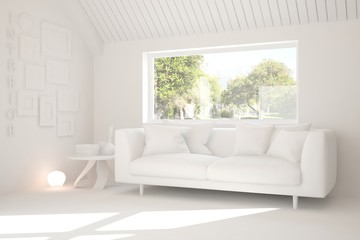 Mock up of stylish room in white color with sofa and green landscape in window. Scandinavian interior design. 3D illustration